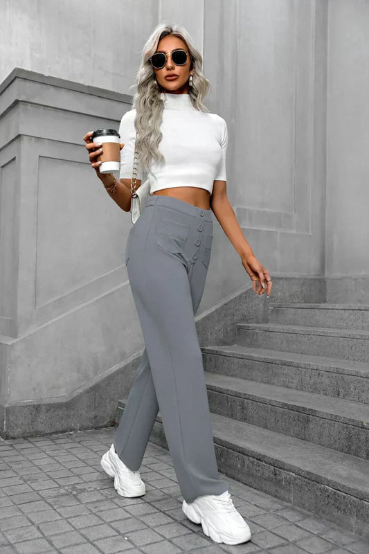 Women's high-waisted pants, buttoned and stretchy