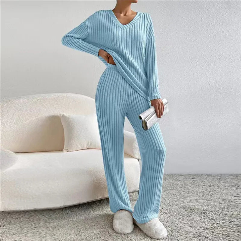 Women's Two-Piece Lounge Set | Ribbed V-Neck
