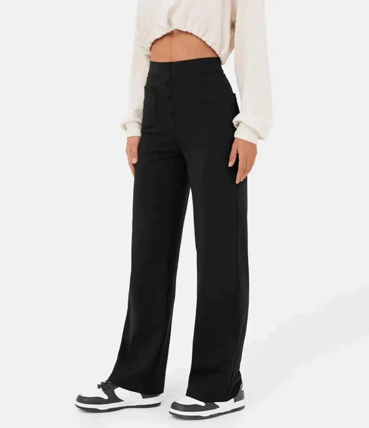 Women's high-waisted pants, buttoned and stretchy