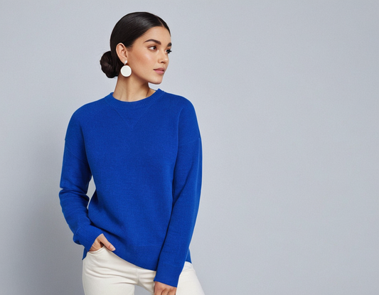 Casual solid blue pullover with long sleeves and round neckline