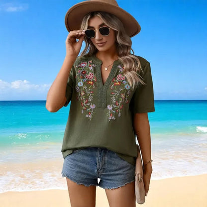 Boho Embroidered Floral V-Neck Blouse