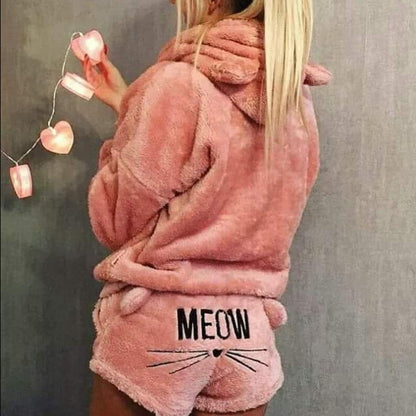 Women's Pajama Set | Hoodie and Shorts with Cat Motif