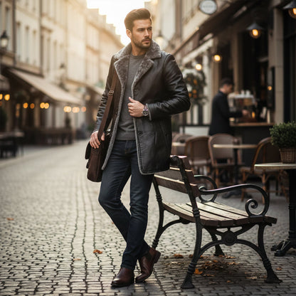 Warm Men's Leather Fur Lined Winter Coat