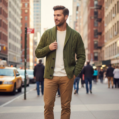 Warm Mens Cable Knit Crew Neck Cardigan Sweater
