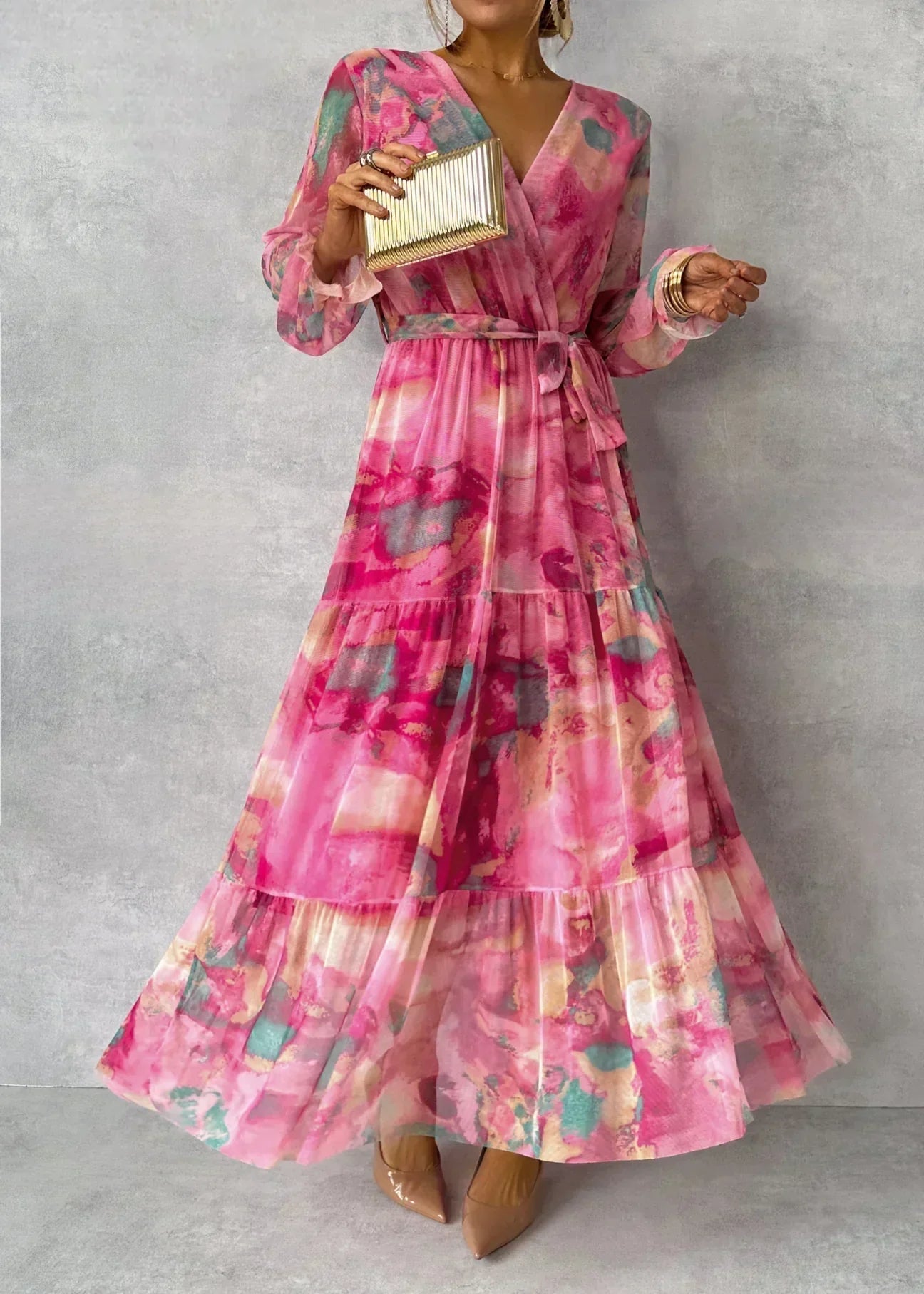 Beatrix | Elegant Pink Floral Maxi Dress with Long Sleeves for Women