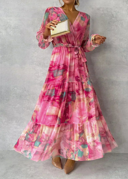 Beatrix | Elegant Pink Floral Maxi Dress with Long Sleeves for Women