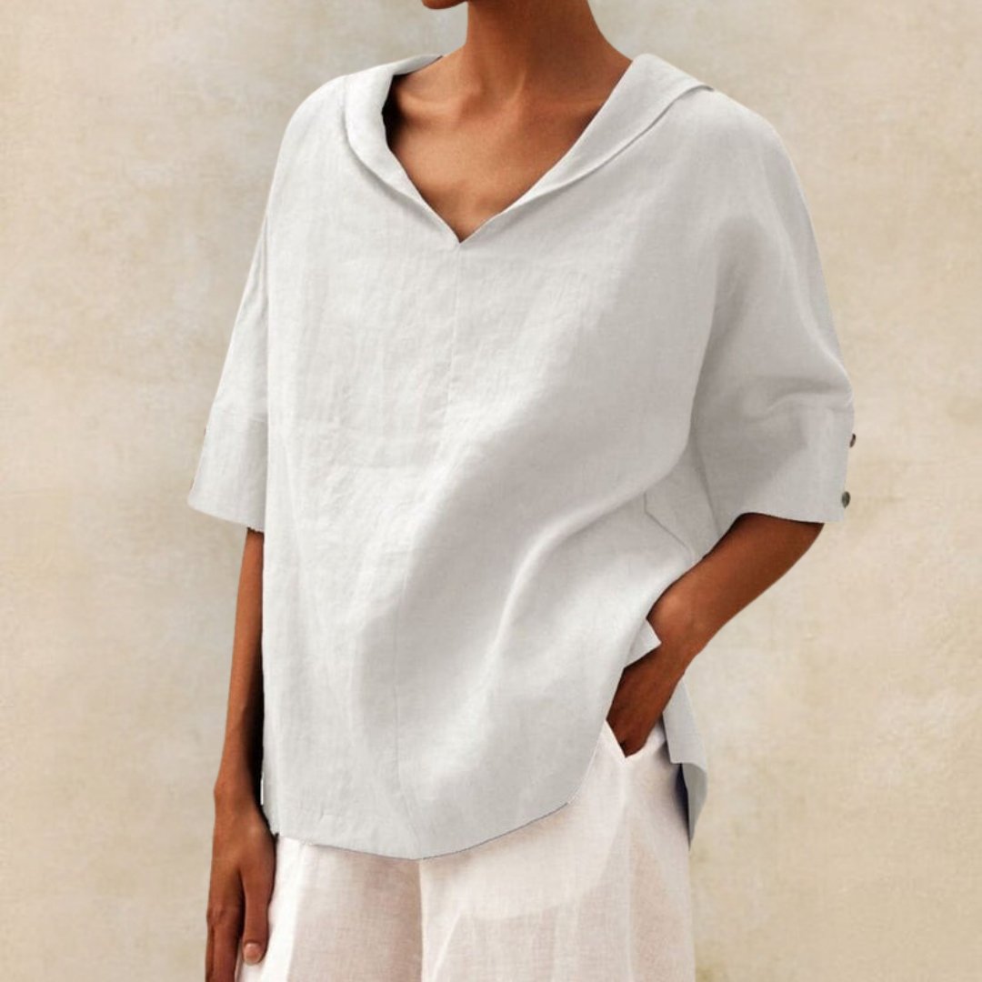 Casual linen V-neck shirt for women - Relaxed fit blouse for everyday elegance