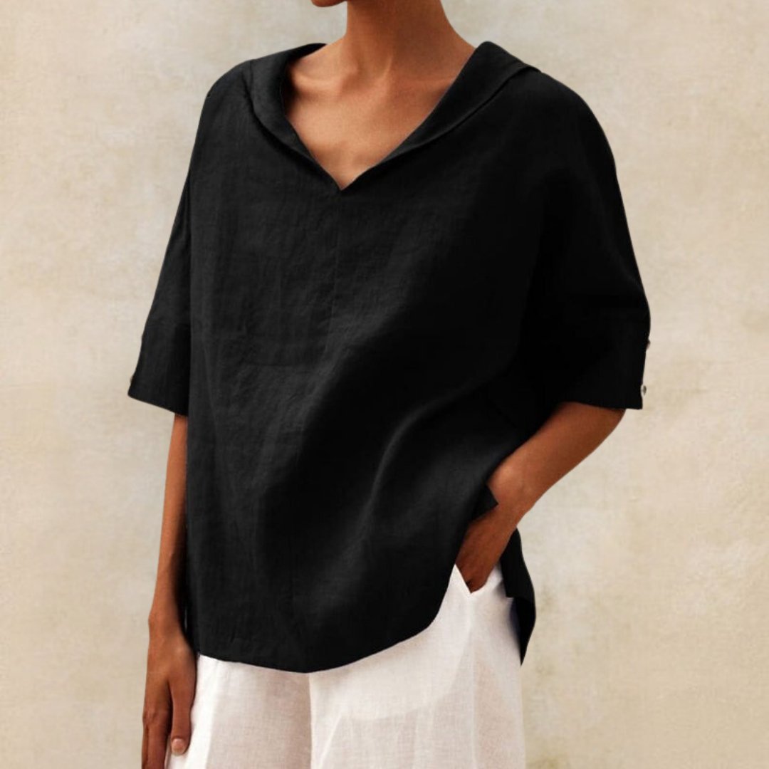 Casual linen V-neck shirt for women - Relaxed fit blouse for everyday elegance