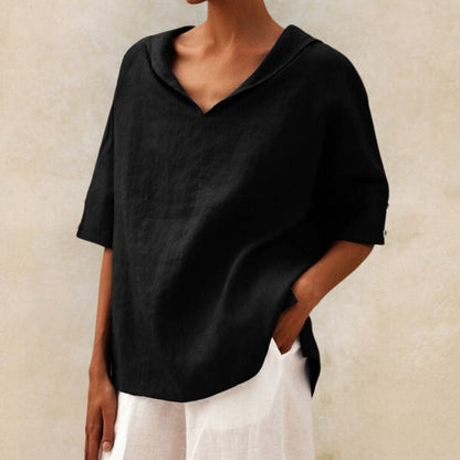 Casual linen V-neck shirt for women - Relaxed fit blouse for everyday elegance