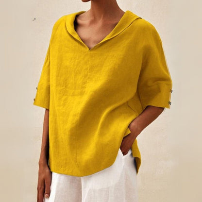 Casual linen V-neck shirt for women - Relaxed fit blouse for everyday elegance