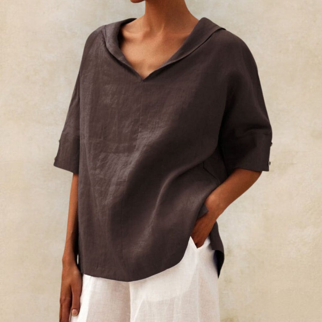 Casual linen V-neck shirt for women - Relaxed fit blouse for everyday elegance