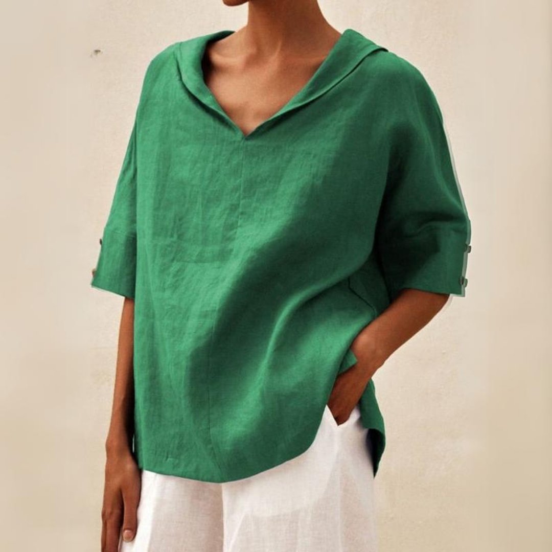 Casual linen V-neck shirt for women - Relaxed fit blouse for everyday elegance