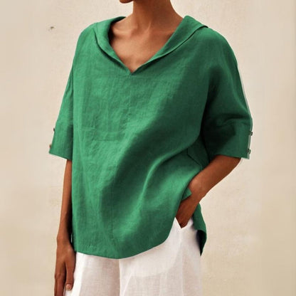 Casual linen V-neck shirt for women - Relaxed fit blouse for everyday elegance