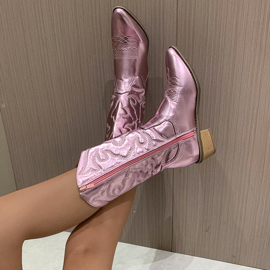 Western Style Metallic Ankle Boots - Olytrend