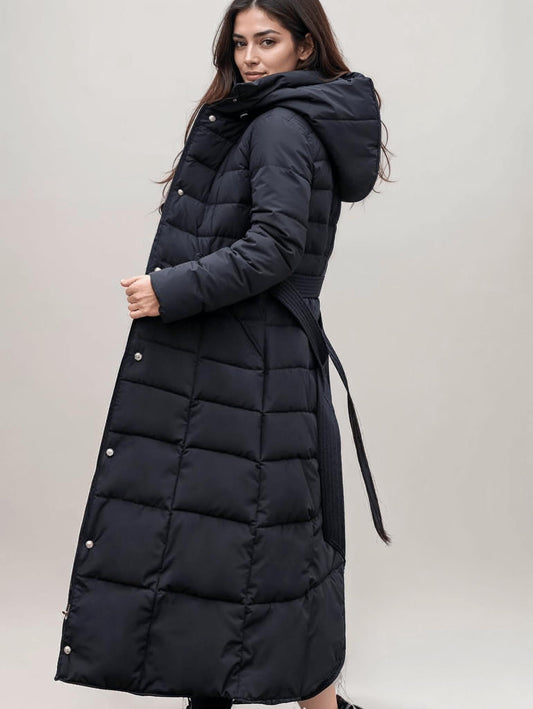 Women's Winter Long Puffer Jacket | Hood with Belt