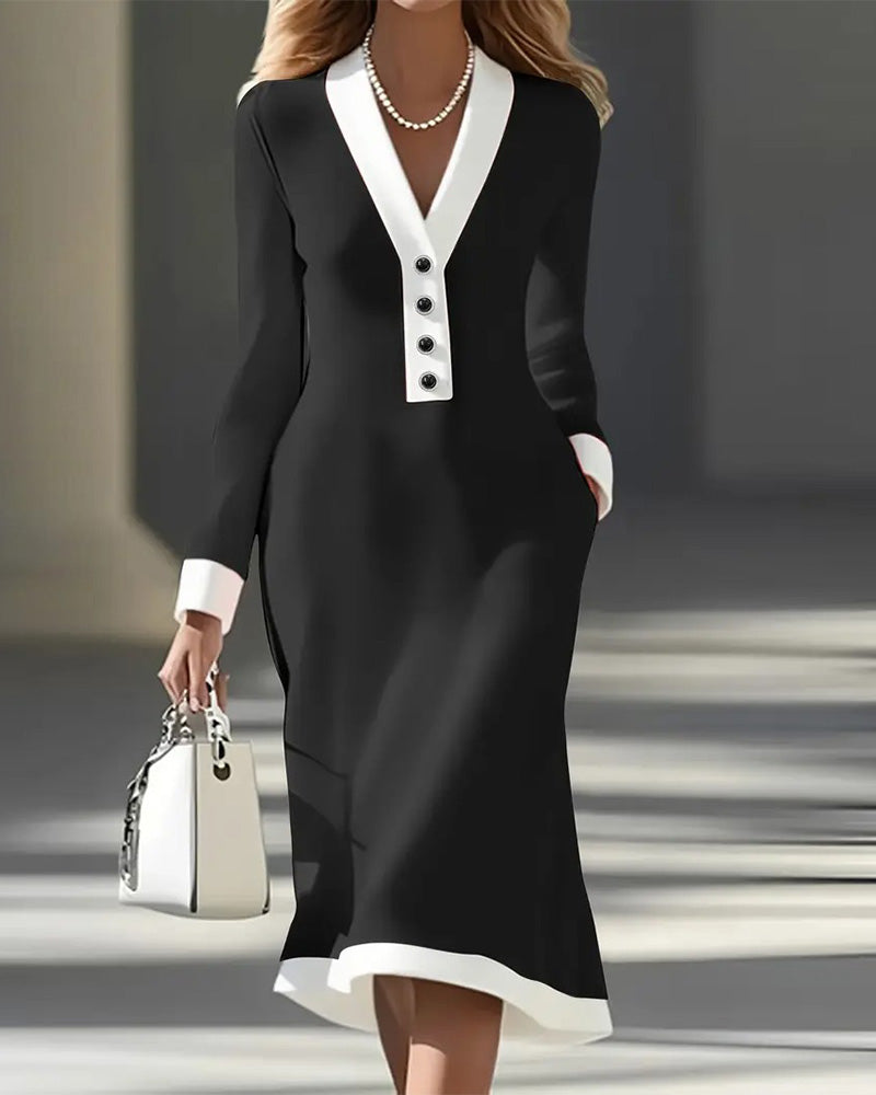 Casual Fit V Neck Knee Length Dress - Olytrend