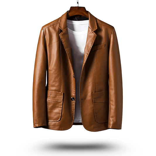 Adrian Men’s Leather Blazer Jacket – Classic PU Leather Smart Casual Coat Brown