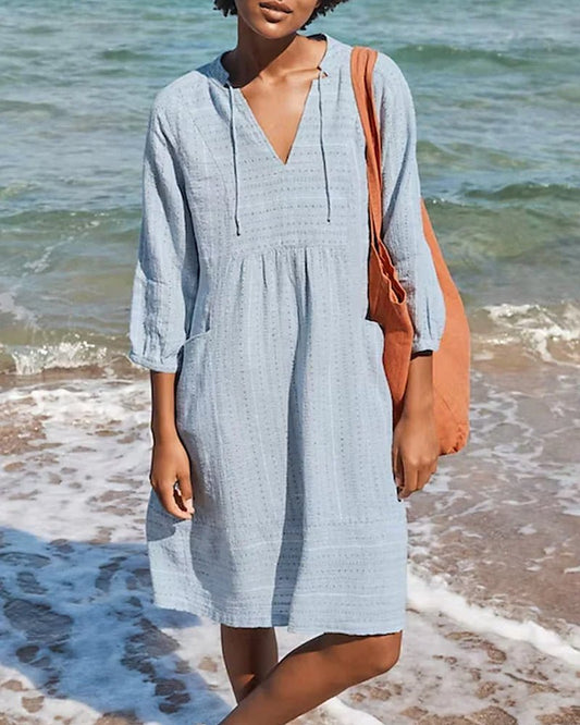 Women's beach dress - V-neckline - three-quarter sleeves - light and breathable material