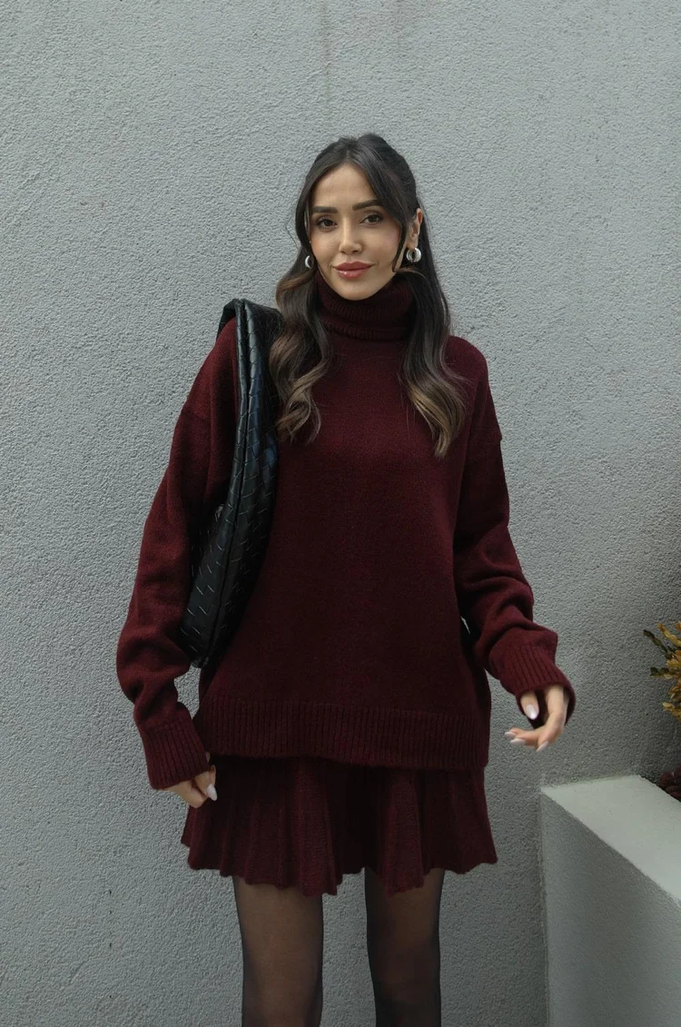 Women's Cozy Turtleneck Jumper Skirt Outfit - Olytrend
