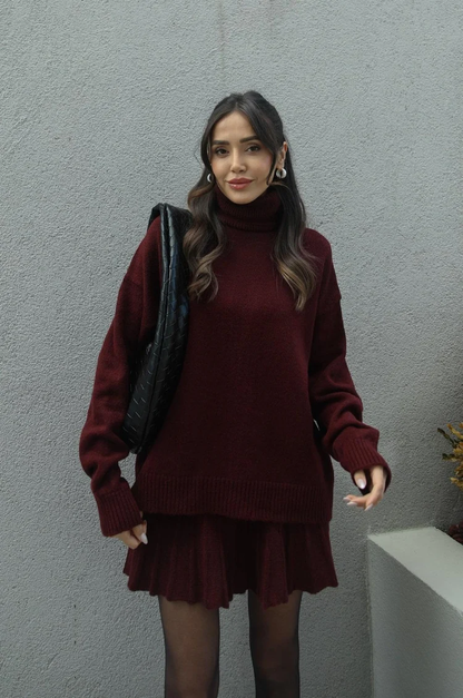 Women's Cozy Turtleneck Jumper Skirt Outfit - Olytrend