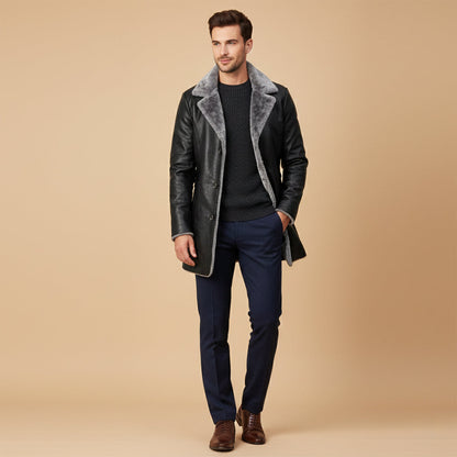 Warm Men's Leather Fur Lined Winter Coat