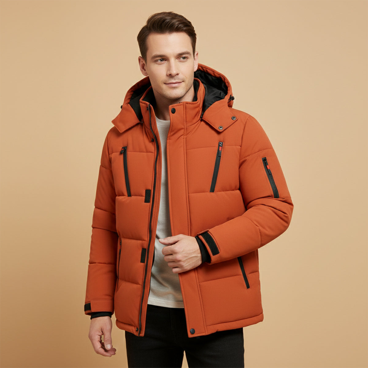 Warm Men's Hooded Puffer Parka with Zip Pockets