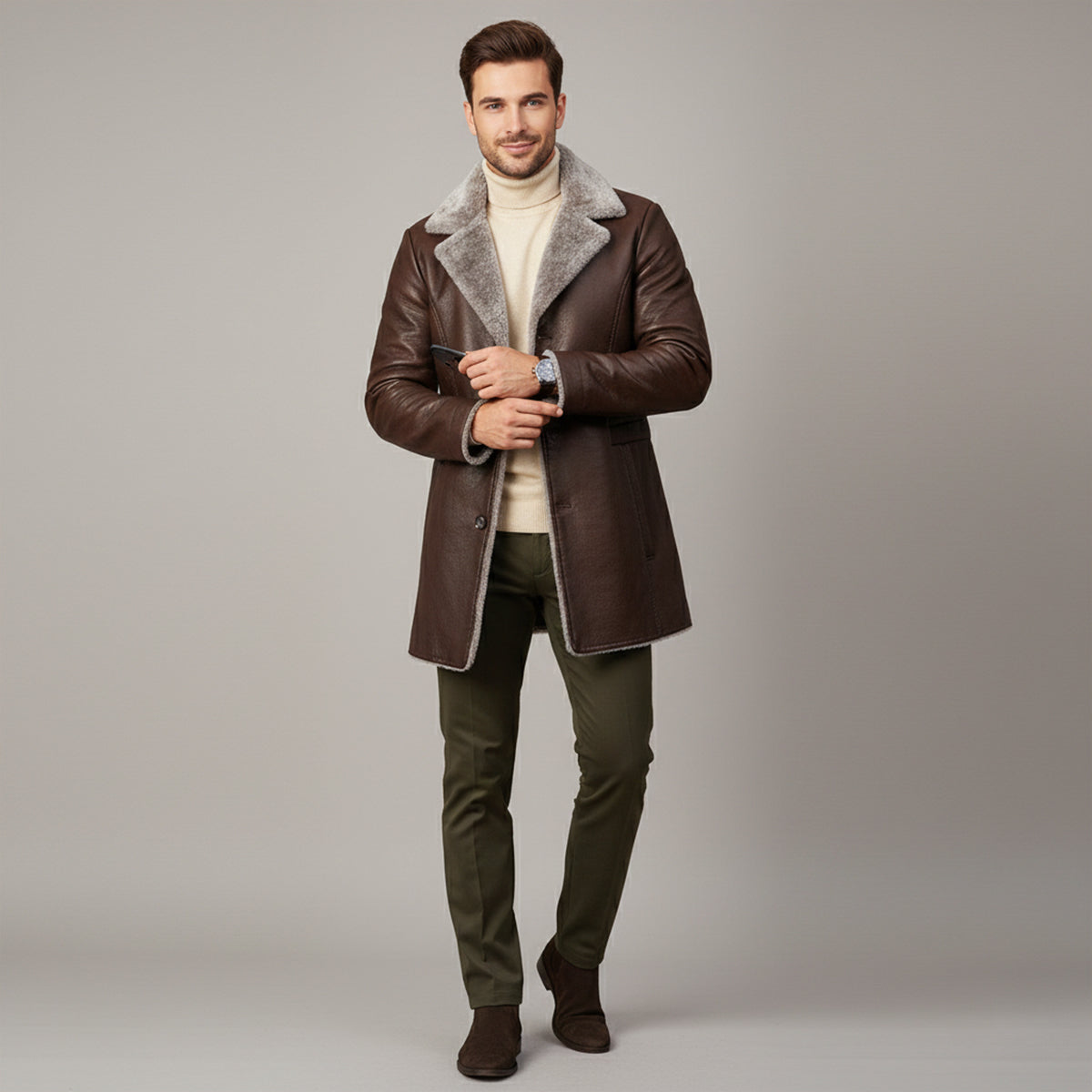 Warm Men's Leather Fur Lined Winter Coat
