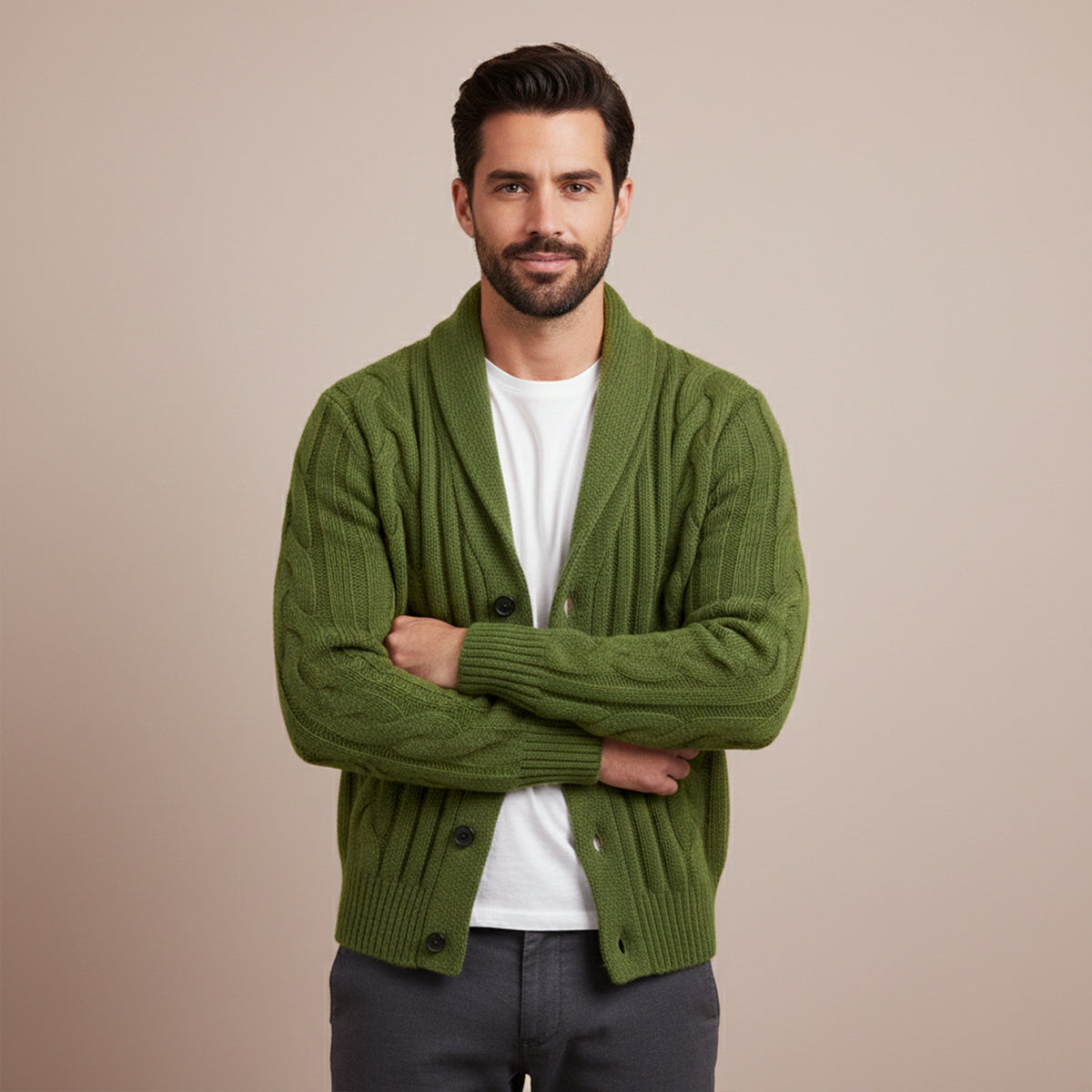 Warm Mens Cable Knit Crew Neck Cardigan Sweater