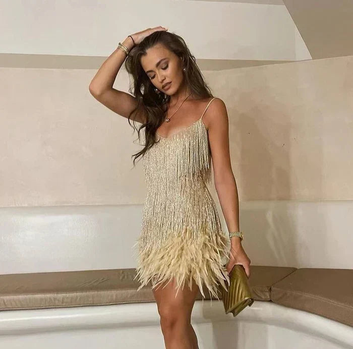 Beatrix | Glamorous Cocktail Dress for Wedding with Sequins and Feathers