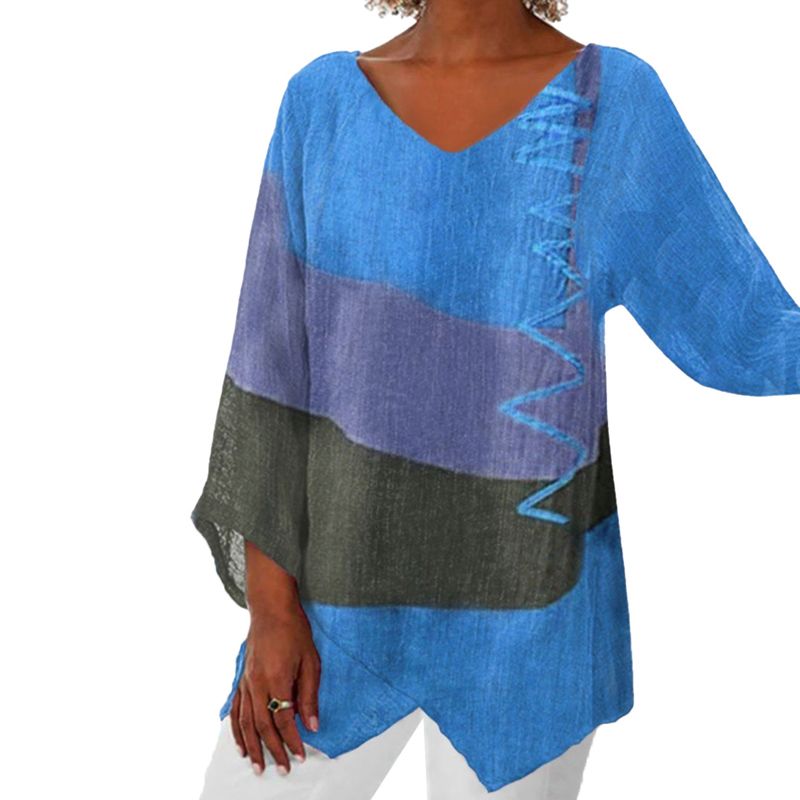 Women's V-neck Patchwork Blouse | Asymmetric Hem