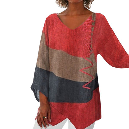 Women's V-neck Patchwork Blouse | Asymmetric Hem