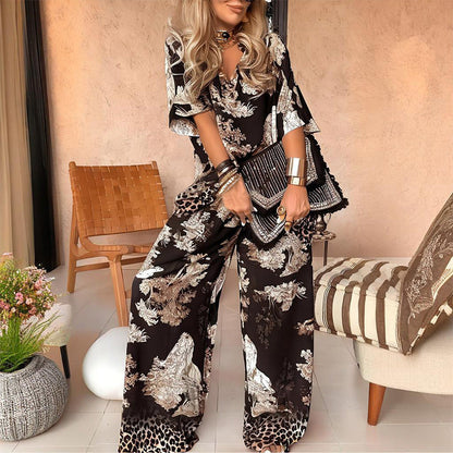 Warm Print V-Neck Top and Leggings Set - Olytrend
