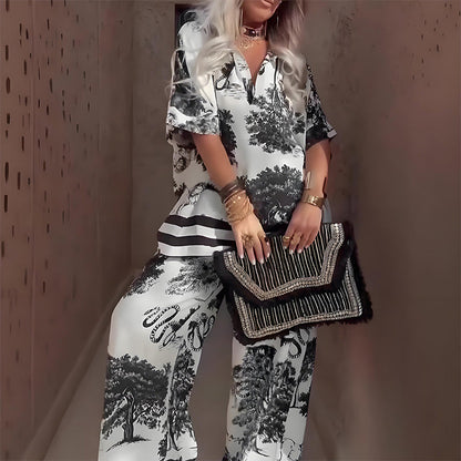 Warm Print V-Neck Top and Leggings Set