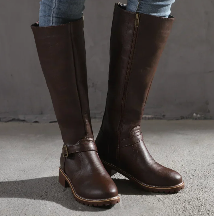 Women's Knee High Boots with Buckle Strap and Low Block Heel