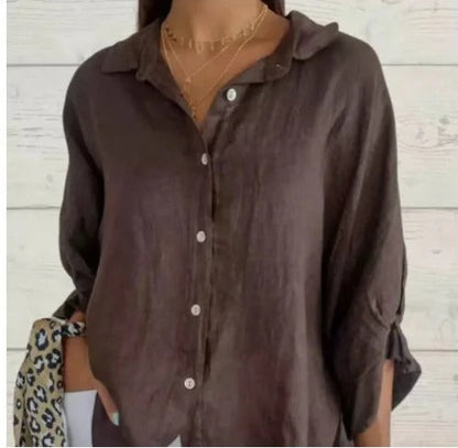 Women's shirt 100% linen long sleeves classic collar fluid cut