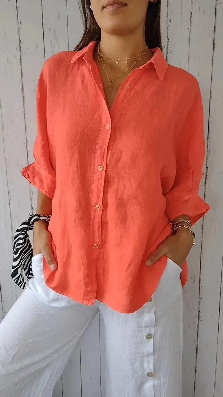 Women's shirt 100% linen long sleeves classic collar fluid cut