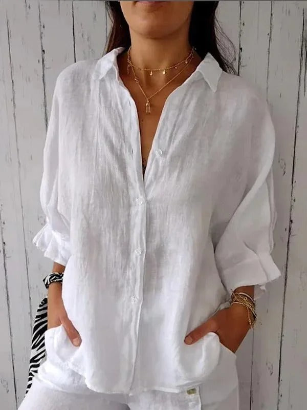 Women's shirt 100% linen long sleeves classic collar fluid cut