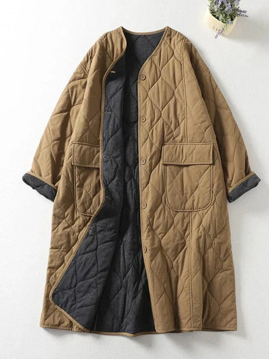 Aubrie: Collarless Long Quilted Jacket