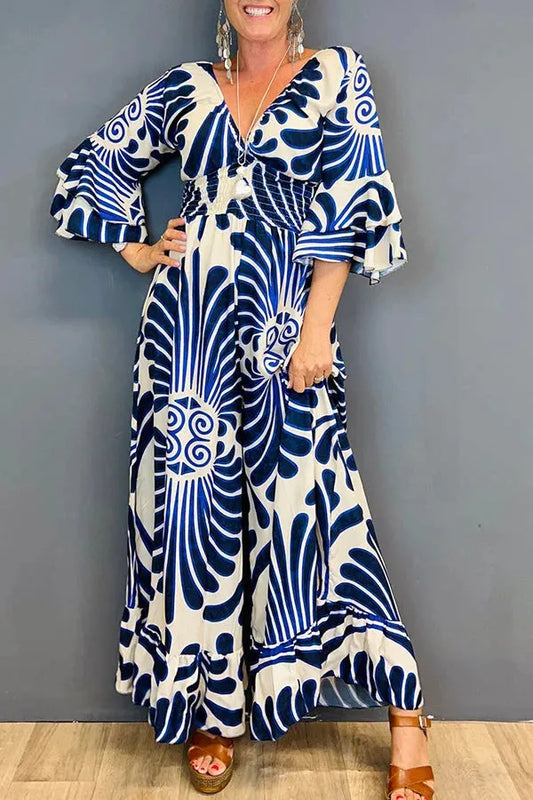 Vintage-style Sara jumpsuit with flounced sleeves and floral print