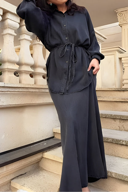 Women's Casual Tie Waist Shirt Dress Set