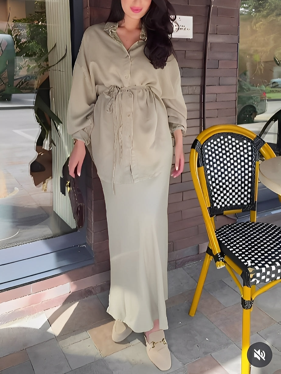 Women's Casual Tie Waist Shirt Dress Set